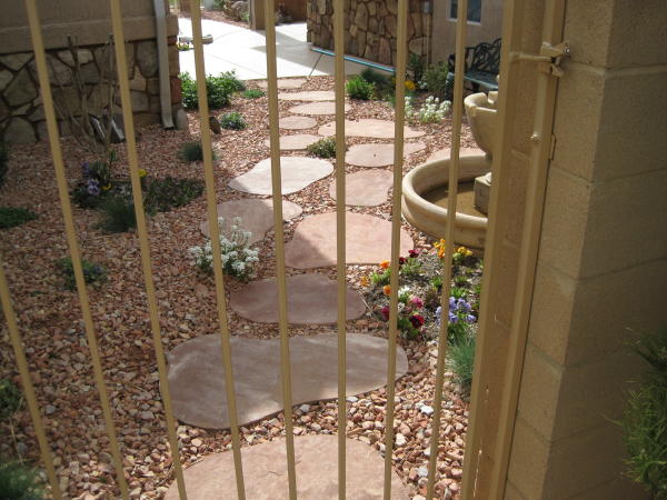 flower garden and flagstone path