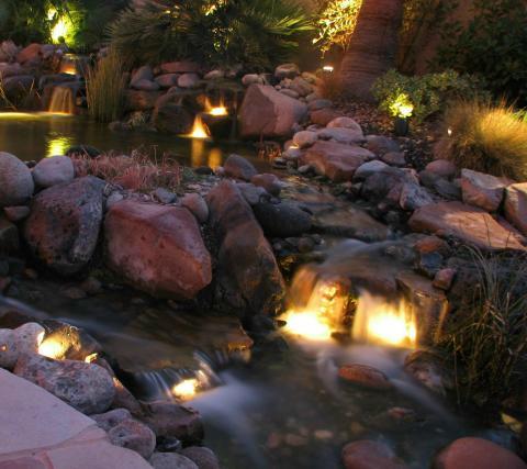 lighted koi pond