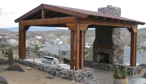 natural stone fireplace and awning
