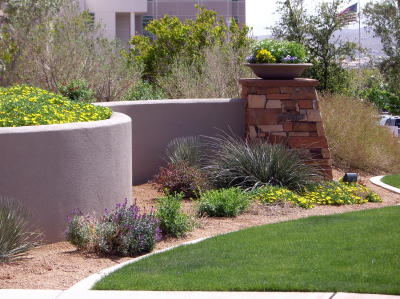 flower garden with curving wall