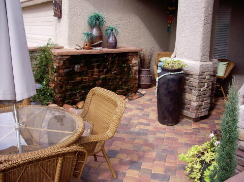 courtyard with weeping wall fountain