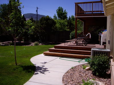 redwood patio with wrap around steps